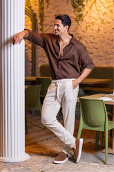 Conjunto Camisa Resort Linho Marrom + Calça Resort Linho Natural