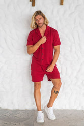 Conjunto Camisa Tricô Urban Marsala + Calça Linho Azul Resort